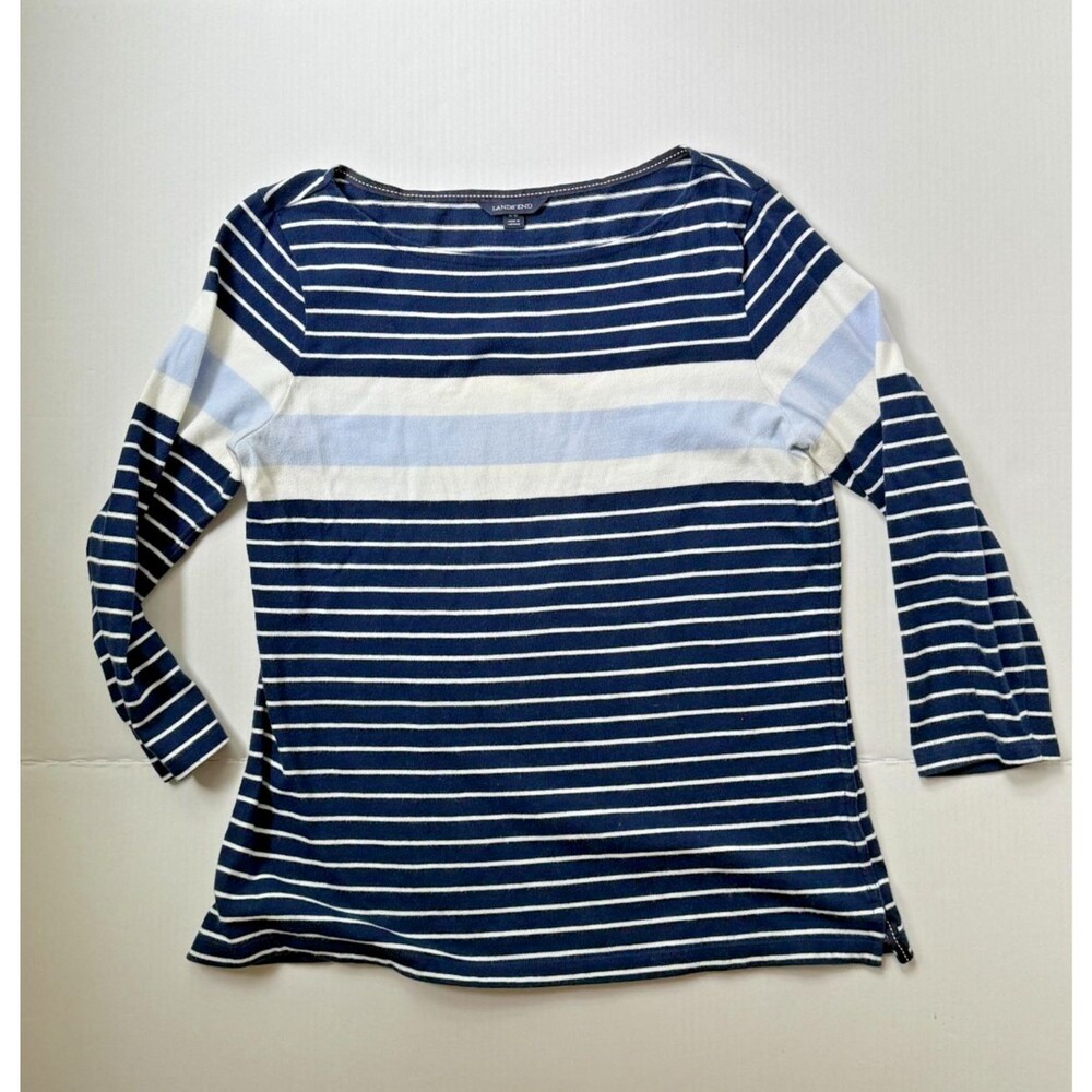 Lands End Women's Medium Navy Blue Striped Boat Neck Shirt ⚓️